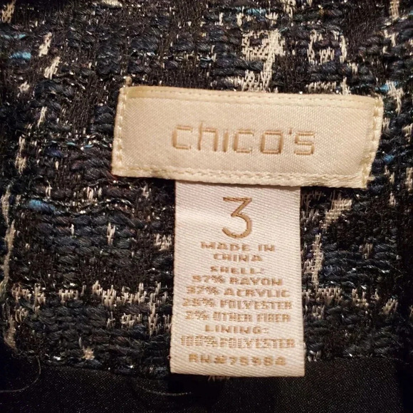 Chicos Y2K Black Blue White Fringed Nubby Textured Tweed Blazer Jacket Size 3 XL - Picture 9 of 12